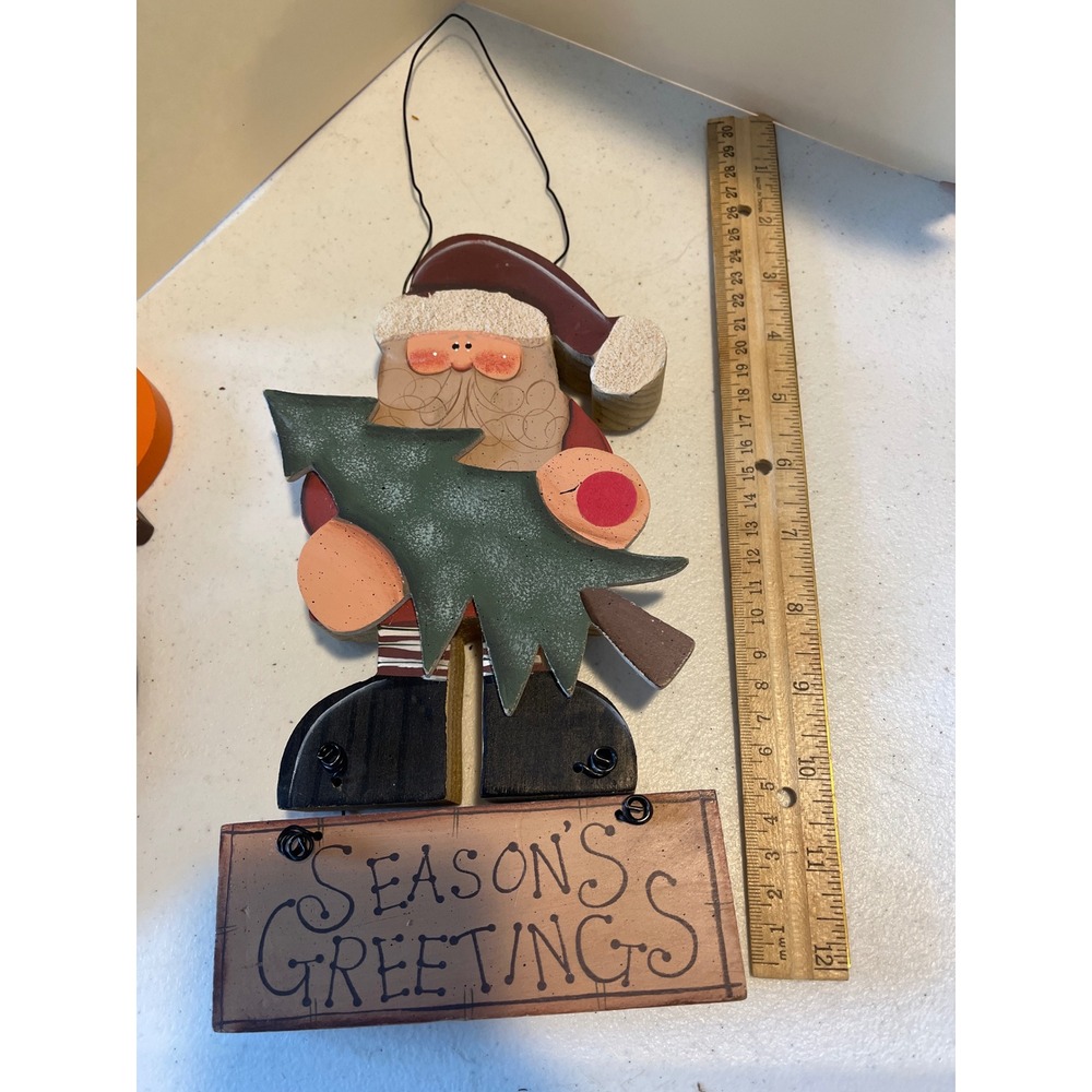 Vintage Rustic Wood Santa Claus Seasons Greetings Wall Hanging Folk Art Decor